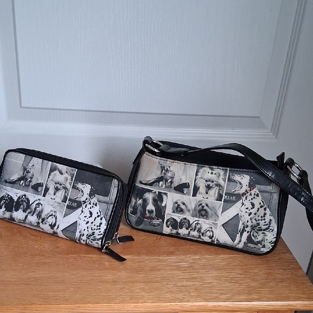 Stylish Black and White Dog Print Purse Ladies Sholder Bag With Matching wallet